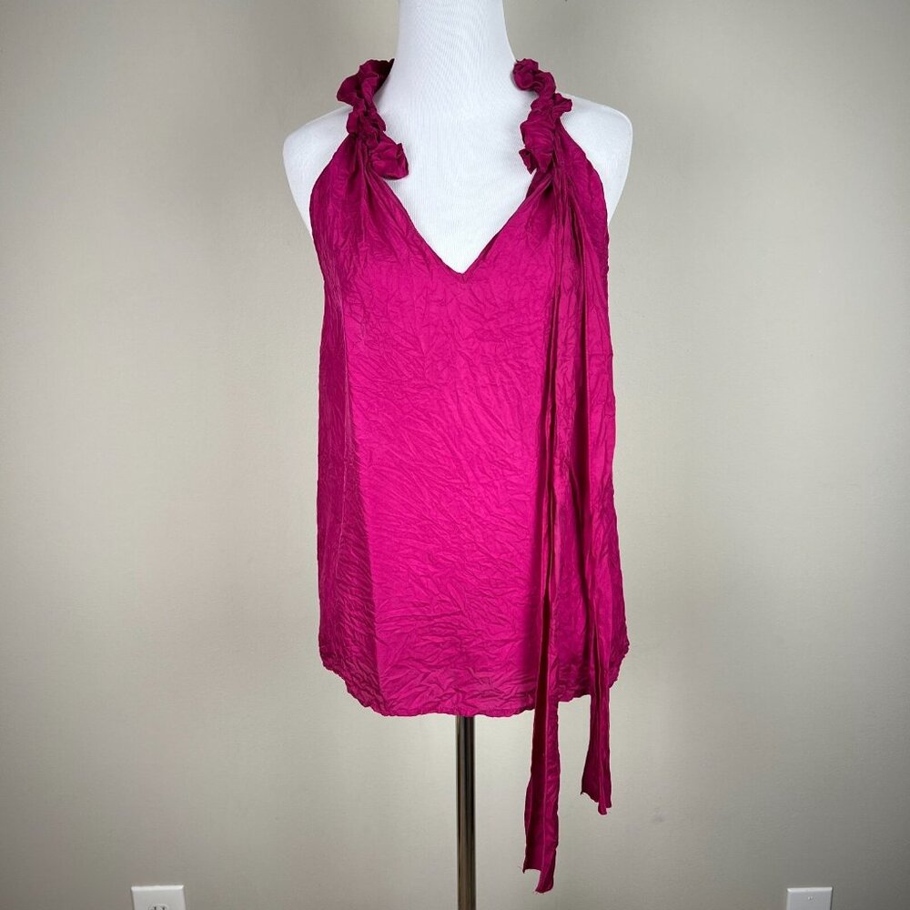 Marina Luna Top Women Medium Pink 100% Silk Ruffle Tie V-Neck Crinkle Sleeveless